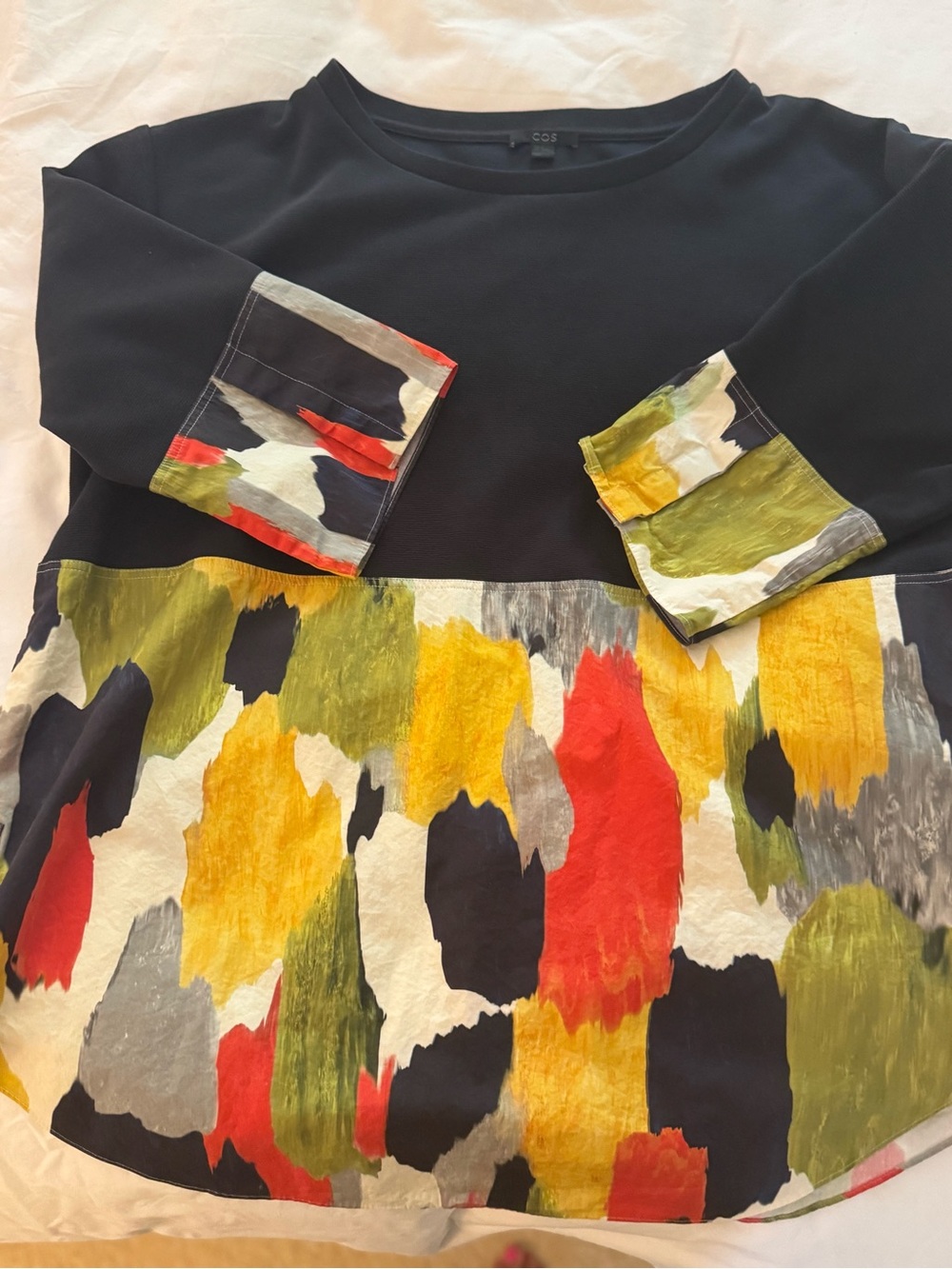 COS Black Top with Multicolor Abstract Hem and Cuffs